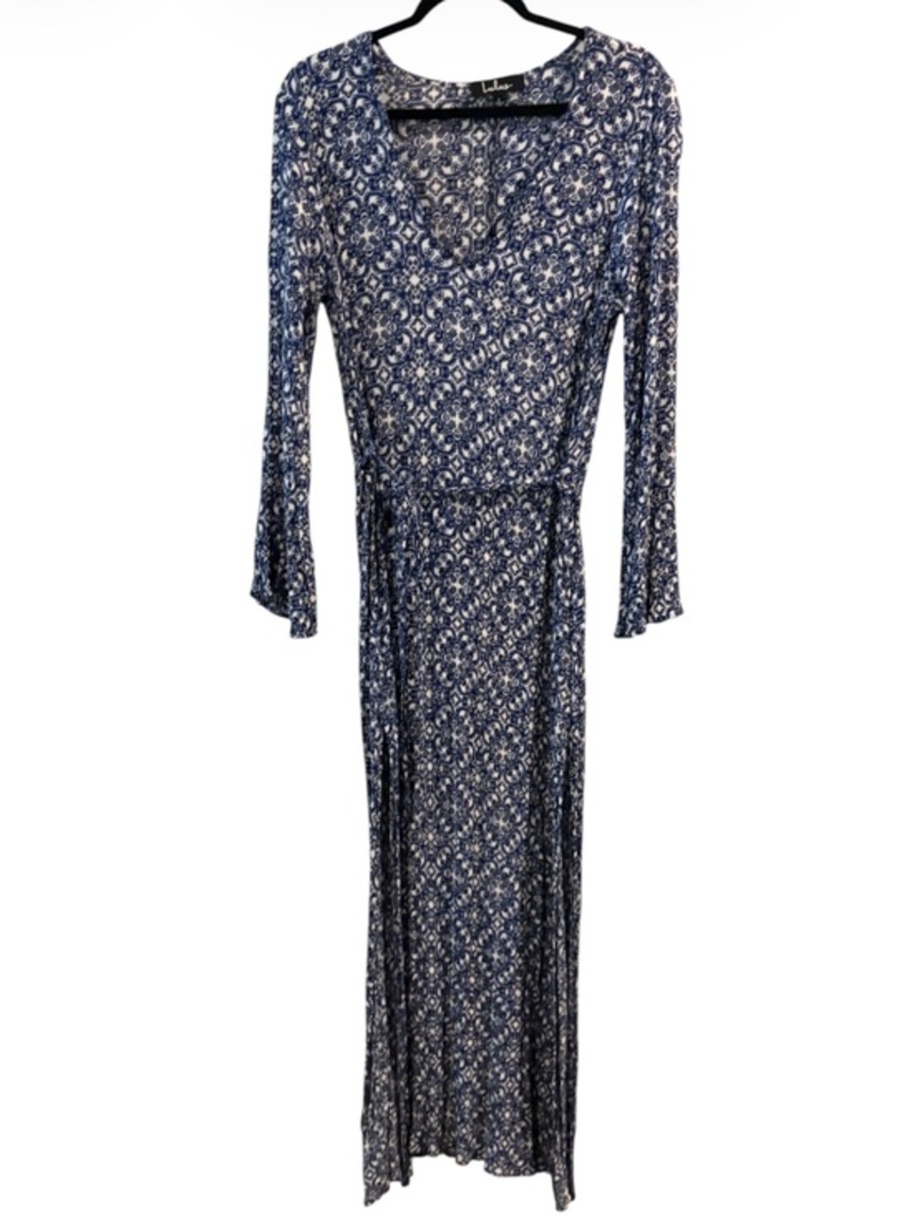 Lulus Blue White Mandala Maxi Dress Long Sleeve Boho Size Large